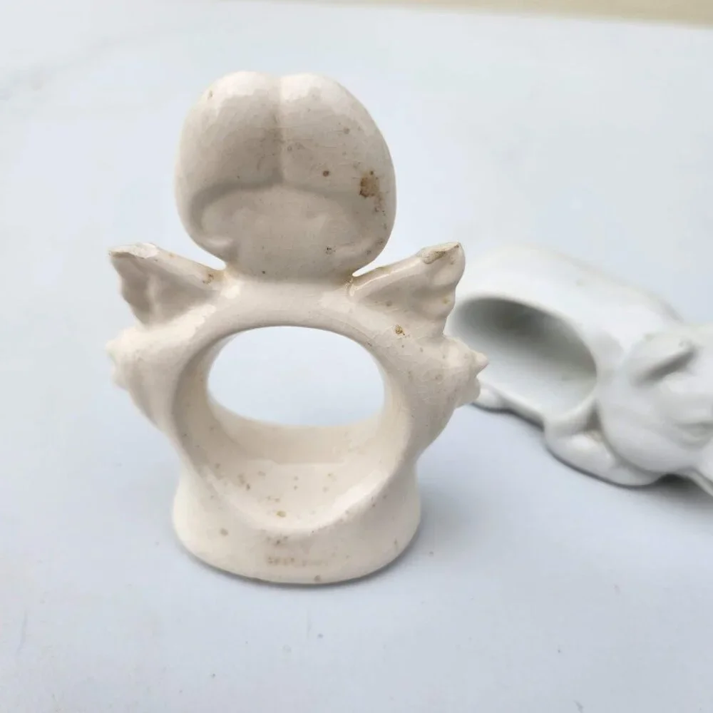 Set of 2 Vintage Napkin Rings Holders Ceramic Angel Pig White Bundle